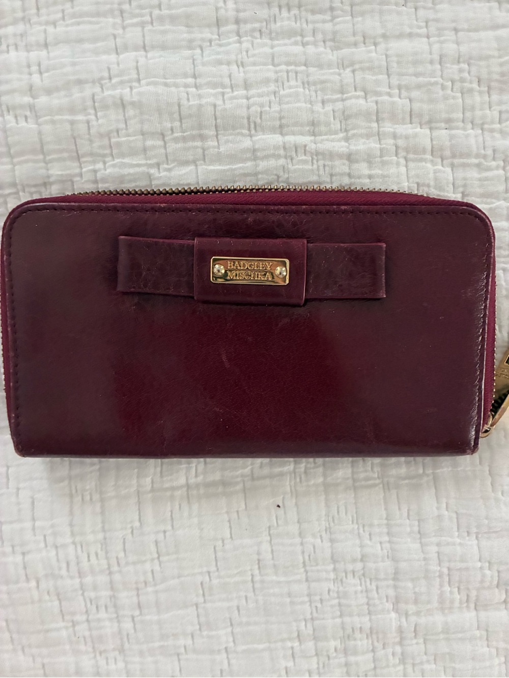 Badgley Mischka Wine Bow Zip Wallet with Gold Plaque